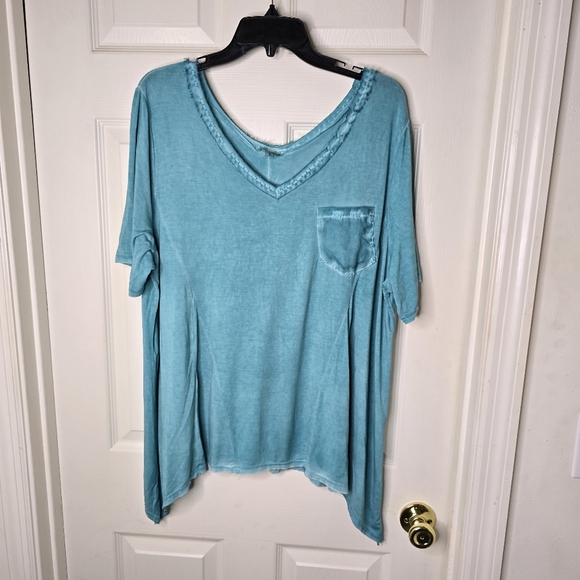 POL women's teal V-Neck long sleeve Top raw‎ edge with stitching accent L - Picture 1 of 8